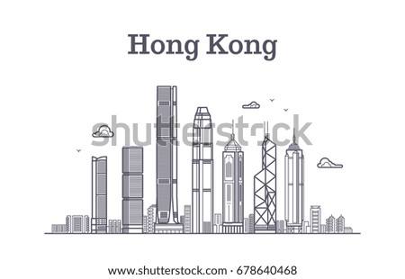 China hong kong city skyline. Architecture landmarks and buildings vector line panorama. Cityscape panorama with skyscraper building illustration
