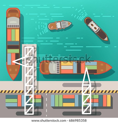 Sea dock or cargo seaport with floating ships and boats. Top view vector illustration. Sea ship and cargo transportation in port