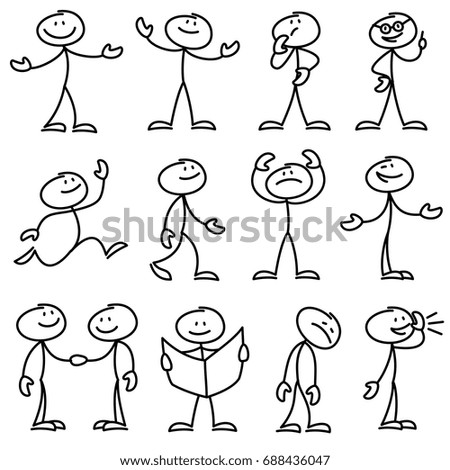 Cartoon hand drawn stick man in different poses vector set. Cartoon stick person hand drawn doodle sketch illustration ストックフォト © 