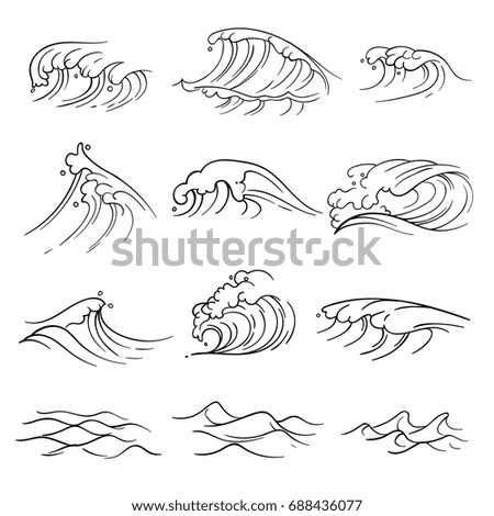 Hand drawn ocean waves vector set. Sea storm wave isolated. Nature wave water storm linear style illustration