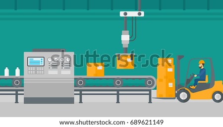 Robotic arm raises cardboard boxes and stacks them on forklift truck. Automated robotic production line for packaging of bottles in cardboard boxes. Vector flat design illustration. Horizontal layout.