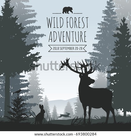 Wildlife foggy coniferous forest background with trees silhouettes. Wikd forest with animal and terr illustration