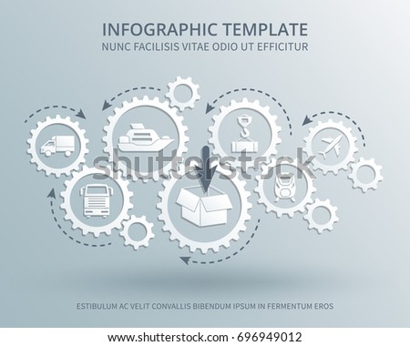 Delivery and distribution business vector consept with gears mechanism, transport, packing and shipping icons. Transportation and logistic industry illustration