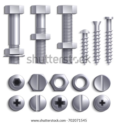 Metal screws, steel bolts, nuts, nails and rivets isolated on white vector set. Construction steel screw and nut, rivet and bolt metal illustration Stock fotó © 