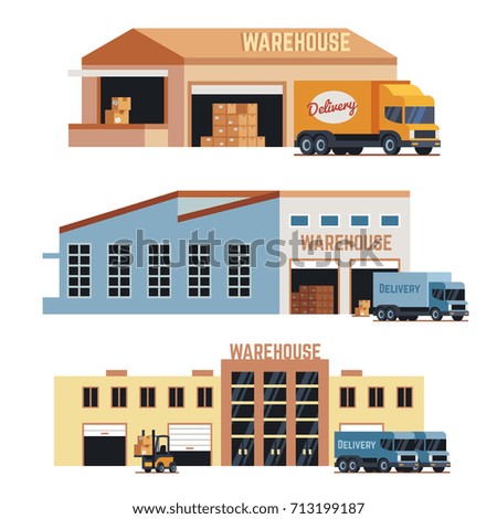Warehouse building, industrial construction and factory storage vector icons. Set of warehouse building and delivery lorry illustration