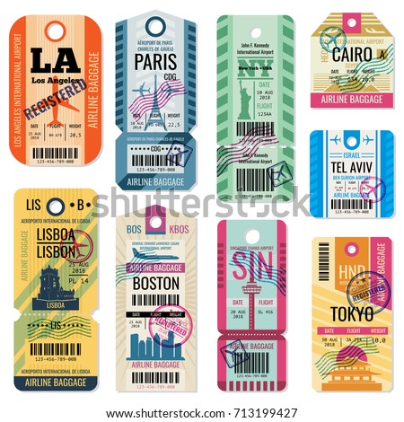 Retro travel luggage labels and baggage tickets with flight symbol vector collection. Luggage label tag registered illustration