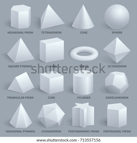 Realistic white basic 3d shapes vector set. Geometry form for education illustration. Hexagonal and prism, tetrahedron and cone, sphere and pyramid