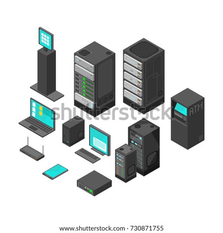 Computer and laptop with system hardware networking. Isometric technology and banking vector icons.
