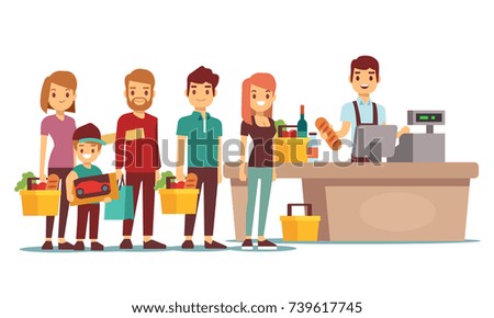 Customers people queue at cash desk with cashier in supermarket. Shopping vector concept. People queue in store market illustration