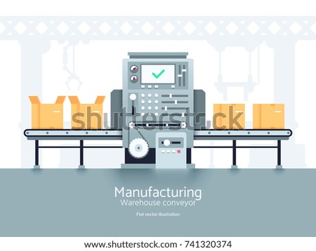 Manufacturing warehouse conveyor. Assembly production line flat vector industrial concept. Conveyor production factory, illustration of manufacturing machine belt line