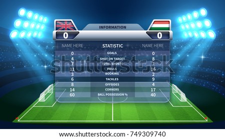 Soccer scoreboard and football stadium vector mockup. Soccer stadium and scoreboard with information game illustration