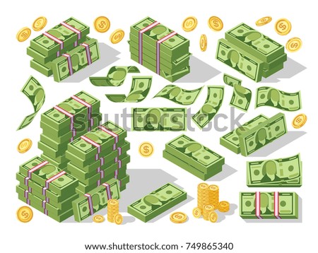 Various money bills dollar cash paper bank notes and gold coins vector set. Money cash heap, pile and stack money illustration