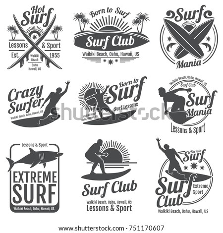 Surfing club vintage emblems. Surf board on wave signs. Summer tropical beach shore labels. Emblem surf club illustration