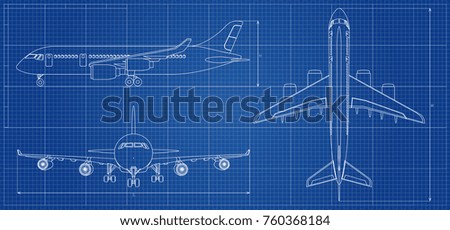 Airplane blueprint. Outline aircraft on blue background. Vector illustration. Aviation drawing blueprint, plane sketch graphic