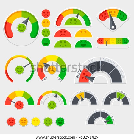Customer satisfaction vector indicator with emotions icons. Client emotive rating. Good and poor indicator, credit level score illustration