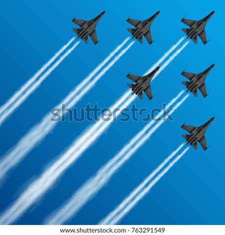 Military fighter jets with condensation trails in sky vector illustration. air, plane, military, show, flight, trail, sky, performance, Airplane army, fighter on airshow