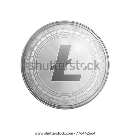 Silver litecoin coin. Crypto currency blockchain coin litecoin symbol isolated on white background. Realistic vector illustration.