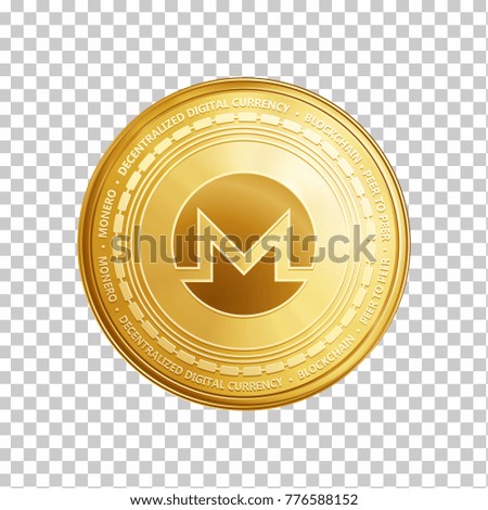 Golden monero coin. Crypto currency blockchain coin monero symbol isolated on trnsparent background. Realistic vector illustration.