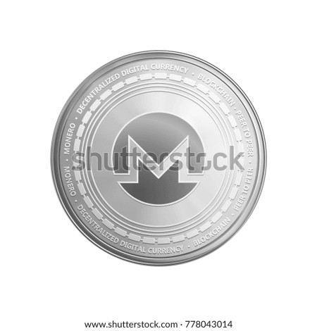 Silver monero coin. Crypto currency blockchain coin monero symbol isolated on white background. Realistic vector illustration.