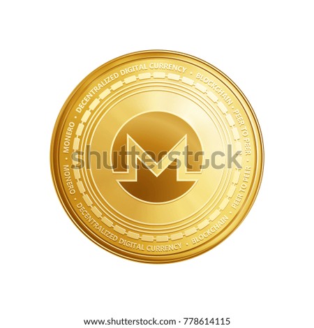 Golden Monero coin. Crypto currency blockchain coin Monero symbol isolated on trnsparent background. Realistic vector illustration.