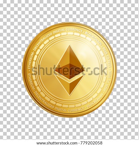 Golden ethereum coin. Crypto currency blockchain coin ethereum symbol isolated on trnsparent background. Realistic vector illustration.