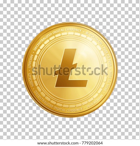 Golden Litecoin coin. Crypto currency blockchain coin Litecoin symbol isolated on white background. Realistic vector illustration.