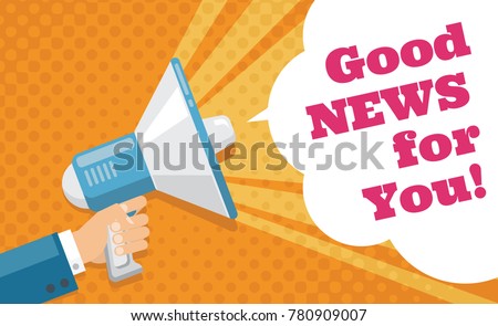 Mans hand holding megaphone with promotional text vector poster. Communication and megaphone message announce good new illustration