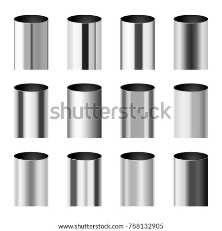 Chrome metal polished gradients corresponding to cylinder pipe set. Gradient aluminium cylinder illustration collection