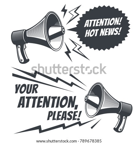 Attention please vector symbols with voice megaphone. Commercial poster with megaphone and message bubble illustration