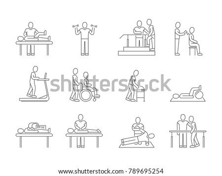 Physiotherapy and rehabilitation, exercises and massage therapy vector line medical icons. Medical patient, physical therapy exercise illustration