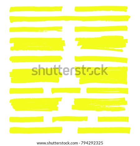Hand drawn yellow highlight marker lines. Highlighter strokes isolated on white background vector set. Highlighter drawing design illustration
