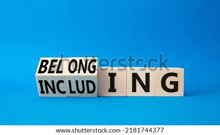Belonging and Including symbol. Turned cubes with words Belonging and Including. Beautiful blue background. Business, psychological and Belonging and Including concept. Copy space ストックフォト © 