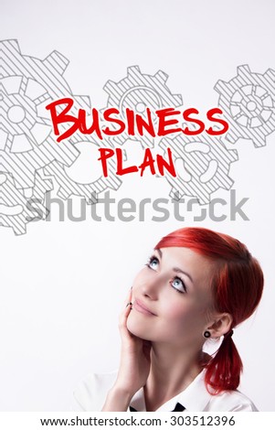 Red-haired girl, business planning, the mechanism of gears, business plan development, piercings on his face, blue eyes, earrings tunnels, vertical photo, tie and white shirt, photo in bright colors.
