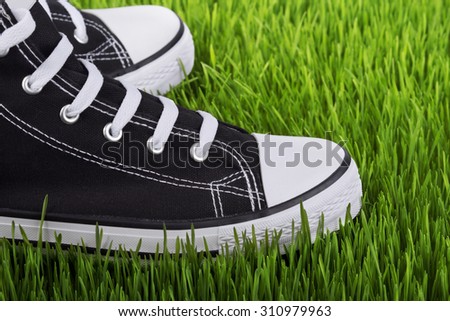 Couple youth sneakers, black and white sneakers, shoes on the green grass, outing, footwear close-up, green lawn, shoes for youth, sports shoes on the green grass.