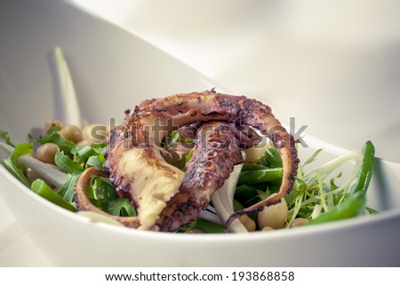Cold served chickpea-bean salad with shallot, freeze lettuce and rocket salad with warm grilled octopus