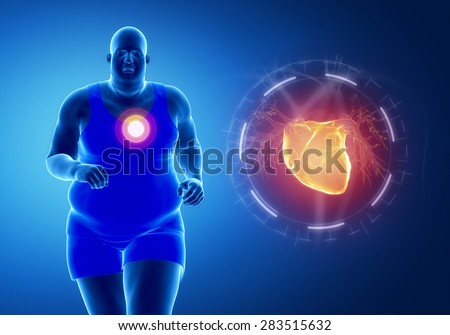 Fat obese man running with heart attack concept
