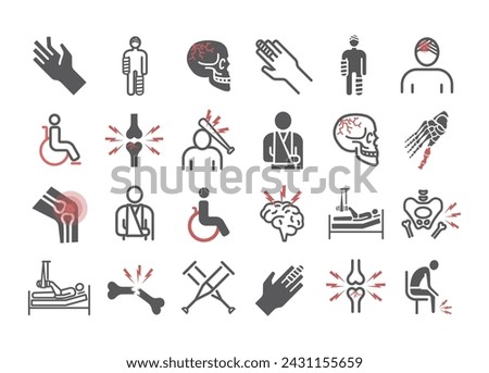 Injury icons set. Bone fractures symbols. Infographic. Vector signs for web graphics.