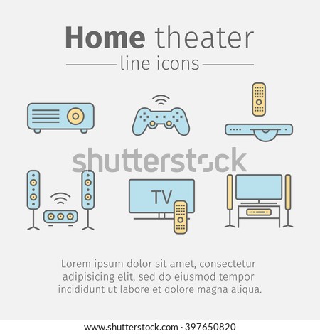 Home theater line icons. House technology banner