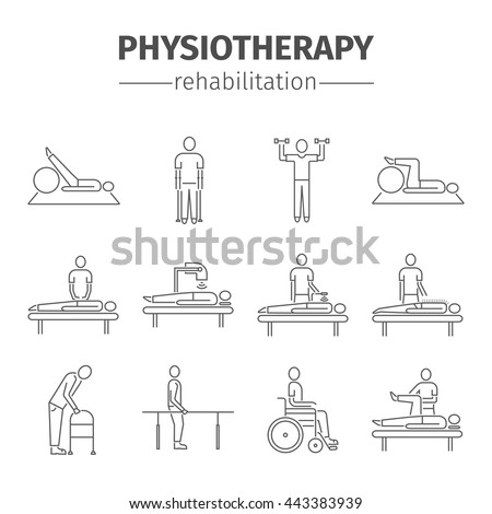 Thin line icons for physiotherapy, rehabilitation center. Physical exercise, gymnastics, massage, laser therapy, acupuncture. Design of web graphics.