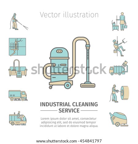 Industrial Cleaning Service. Worker. Vacuum Scrubber. Sweeper Machines. Flat icon set. Vector illustration.