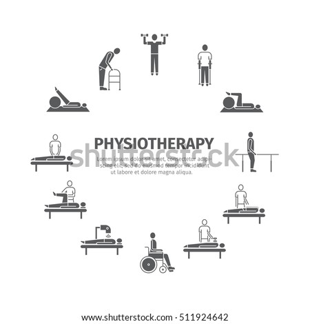 Thin icons for physiotherapy, rehabilitation center. Physical exercise, gymnastics, massage, laser therapy, acupuncture. Design of web graphics.