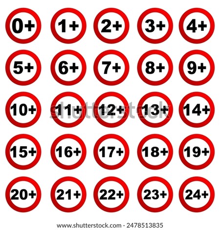 Set of signs of age restrictions. Age limit from 0 to 24 years. Vector icons