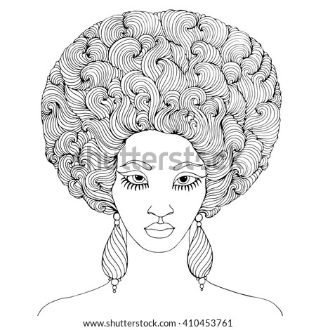 Vector Hand Drawn Line Portrait Of A Young African Girl With ...