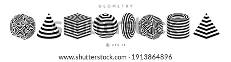 Optical illusion shapes vector set. Pyramid striped. Cylinder and Cube optical abstract black and white lines design. Circle geometric round shapes. Cone vector symbol op art. Stripe modern 3d