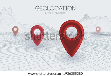 Wireframe landscape light background. 3d map navigation red pointers vector 3d illustration. Business concept 3d vector technology background.