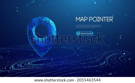 Gps location pin. Geolocation map mark, point location. Futuristic technology Gps in 3d style on blue background. 3d vector illustration. Blue abstract futuristic business vector travel concept.