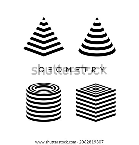 Optical illusion vector pyramid. Cylinder stripes background. Cube Logo optical abstract black and white lines design. Circle geometric round shape. Cone vector symbol op stripe modern 3d geometry.