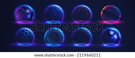 Sphere shield abstract energy protection spheres. Force field defence globe shell. Dome barrier technology vector set. Stockfoto © 