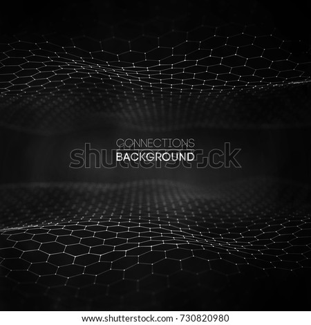 Network connection concept black background vector illustration. Futuristic hexagon perspective wide angle lanscape. Futuristic honeycomb concept. 3d landscape. Big data digital background.