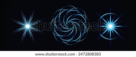 Abstract lighting effect luminous lens flare effects overlay designs screen blending mode make high-quality images Set abstract star sun snowflakes burst digital iridescent glare over dark background